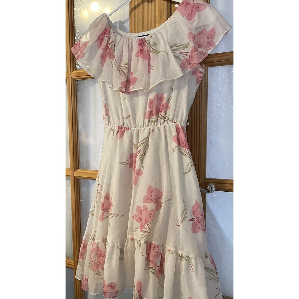 Vtg Miss Nannette Girl's Tiered Dress Sz 10 White Pink Floral Ruffles USA Party - Picture 2 of 10